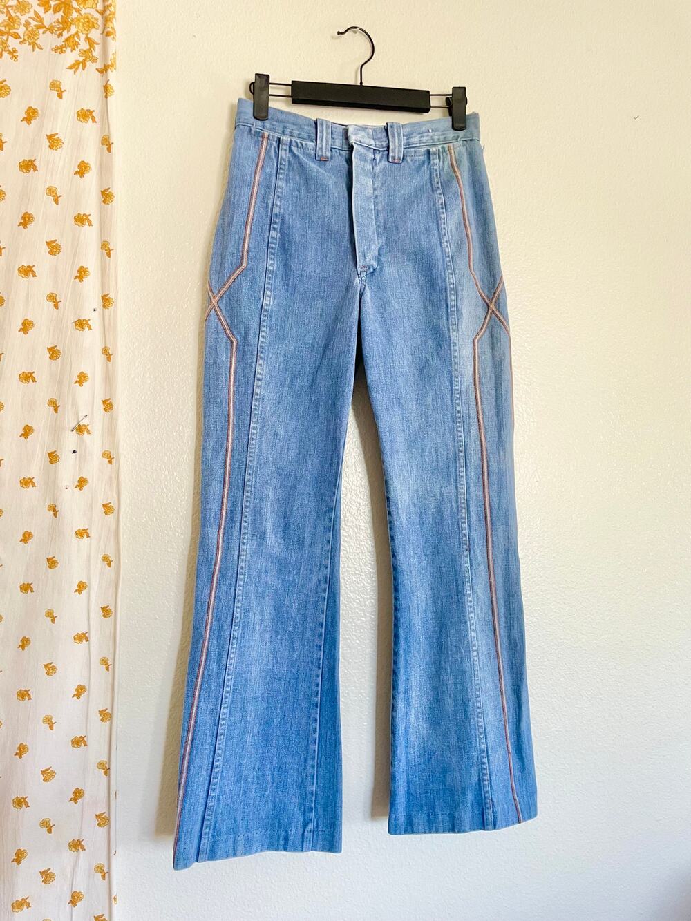 Vintage 70s High Waisted Flare Jeans XS Contrast Side Panel Denim
